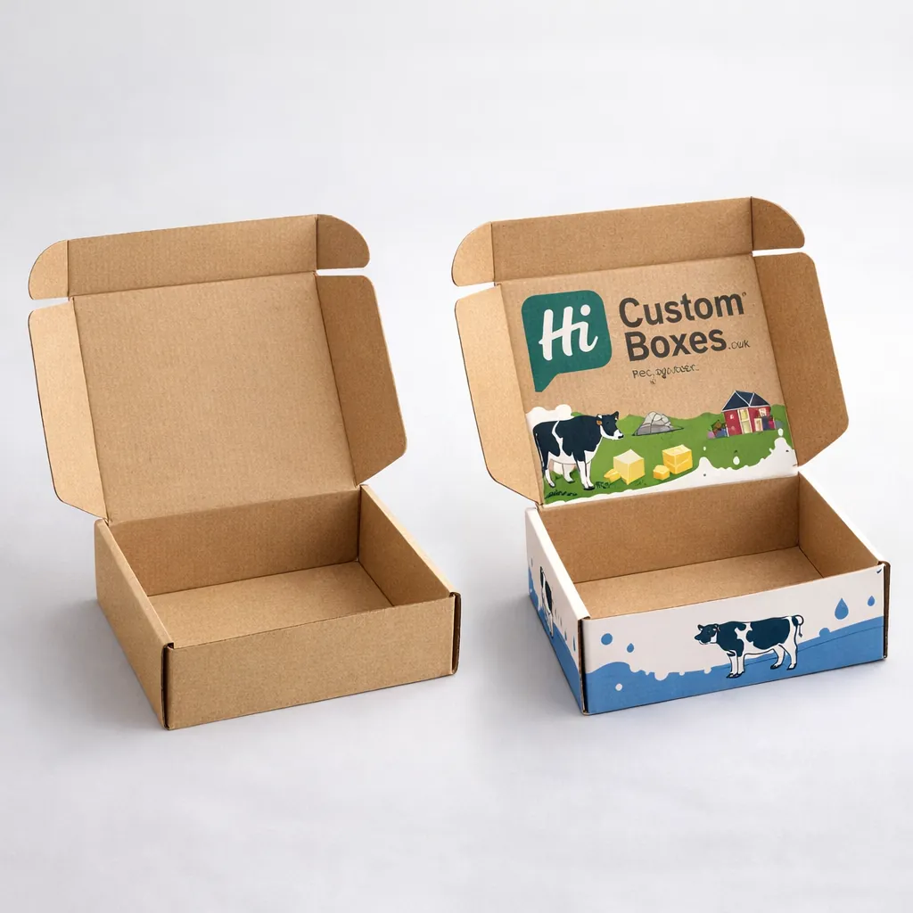 Two upright carton boxes with open top flaps, one plain white and one featuring milk splashes. class=